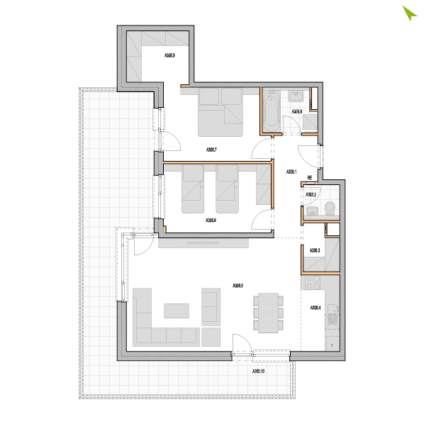3-izbový byt A308, Kvetná